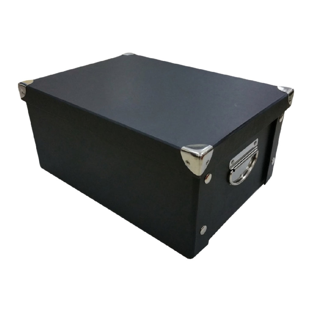 Boîte de rangement en carton noir avec coins métalliques et poignée