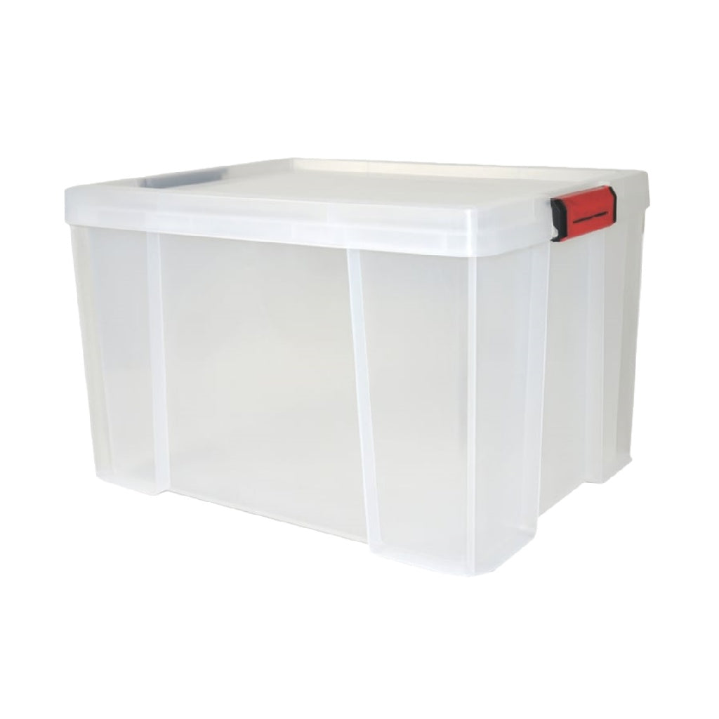 Boîte de rangement transparente avec couvercle et poignées rouges