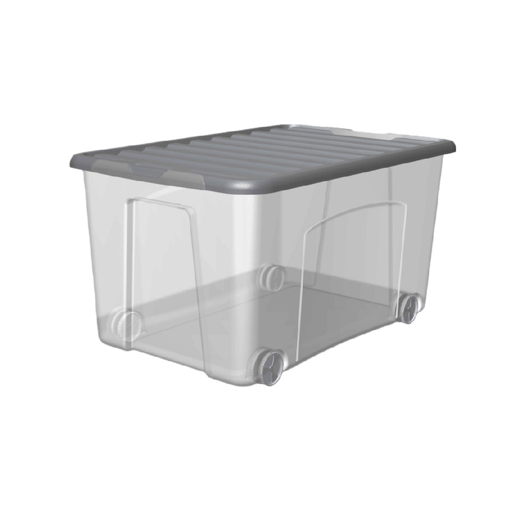 Boîte de rangement transparente avec roulettes et couvercle gris