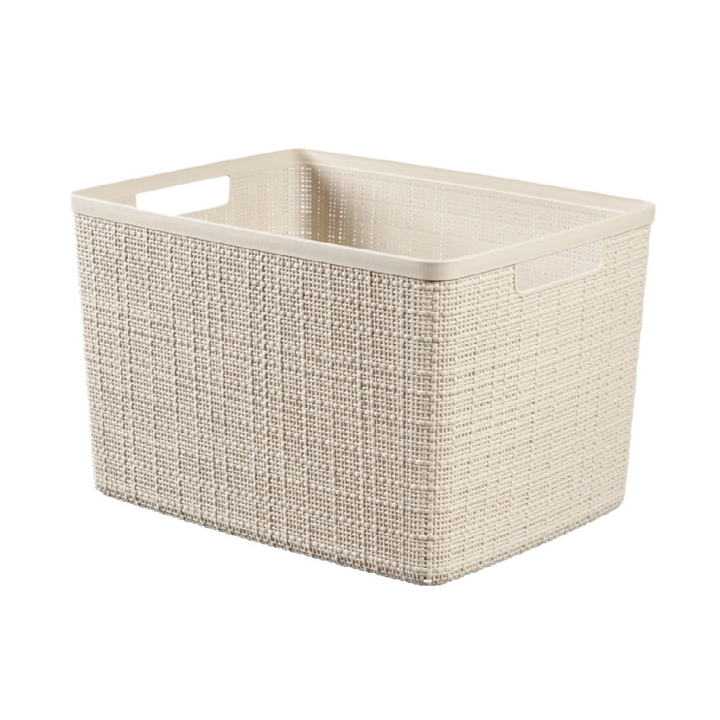 Panier de rangement en plastique tressé beige avec poignées